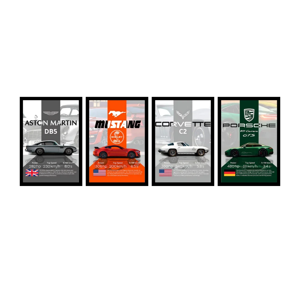 Djane Studio Supercars Wall Frame Set | Premium Wall Art for Living Room, Bedroom, Office & Gaming Room | Modern Home Décor | Pack of 4 | Size 12x8 Inch